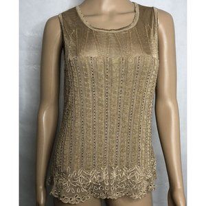 Anthropologie Odille Tank Top Womens M Medium Beige Beaded Floral Boho Christmas